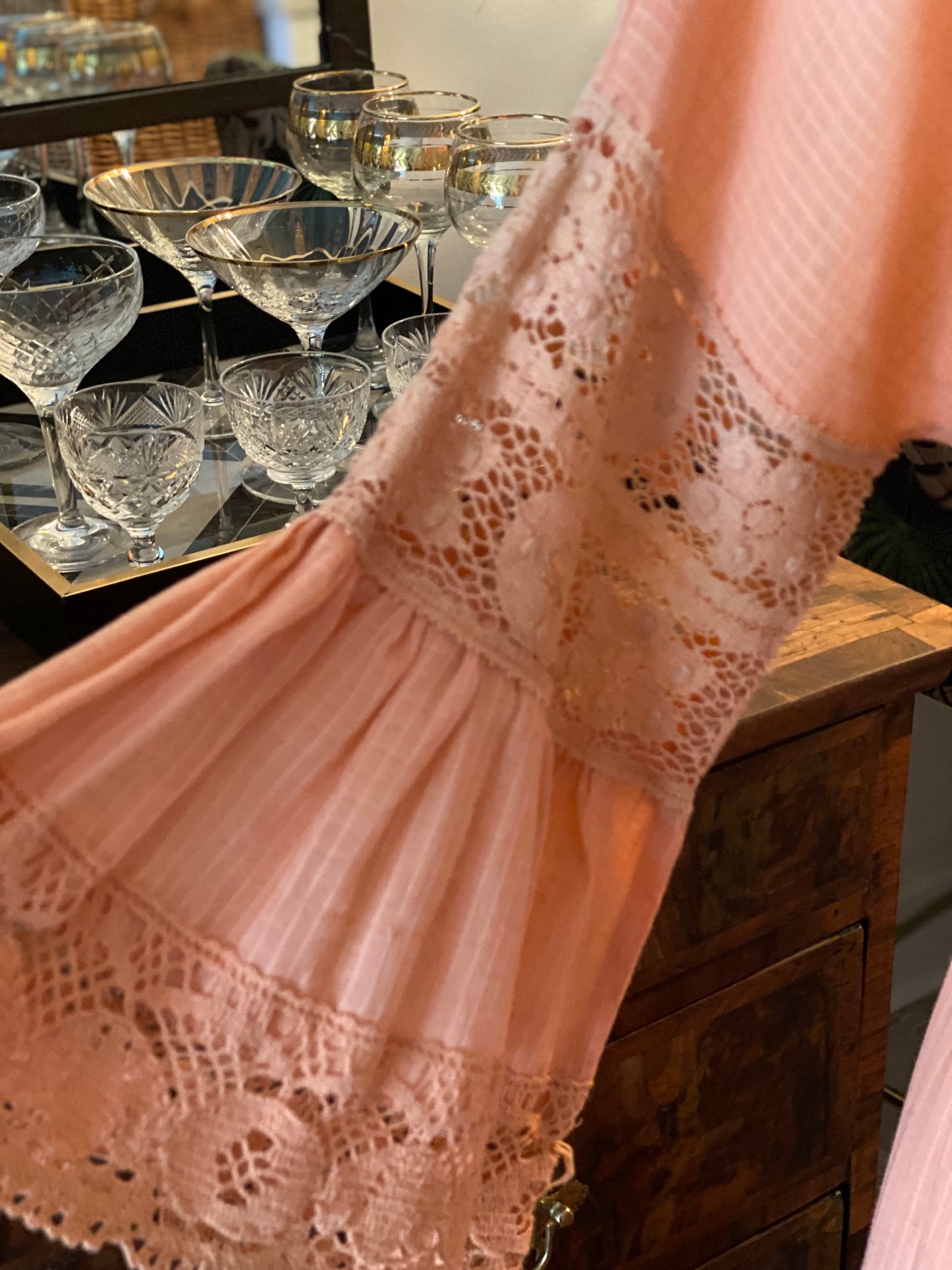 1940s Mexican Peach Cheesecloth Dress, Lace detail and full skirt. Swishy gorgeousness.