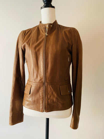 Massimo Dutti Caramel leather biker Jacket size S( UK 8-10)