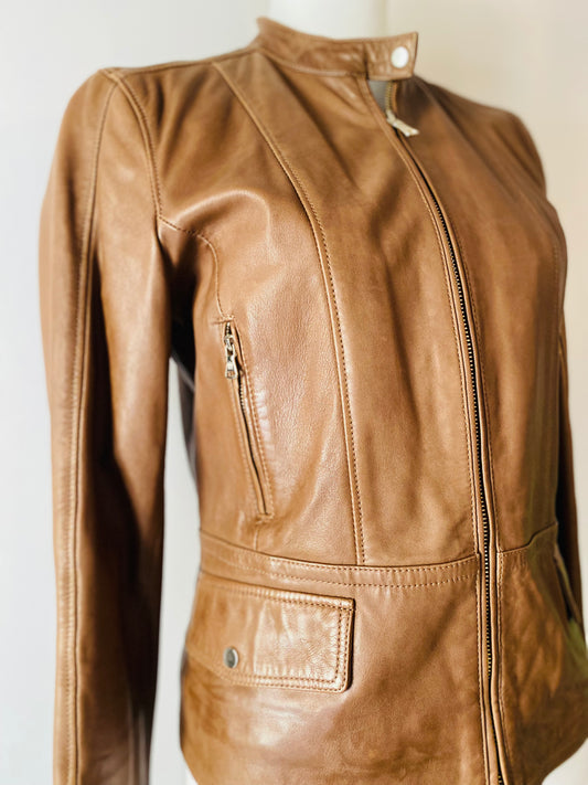 Massimo Dutti Caramel leather biker Jacket size S( UK 8-10)